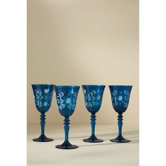 NEW Anthropologie Sofia Hand-Carved Ornate Blue Wine Soda Glass Gift Set of 4 - Picture 1 of 3